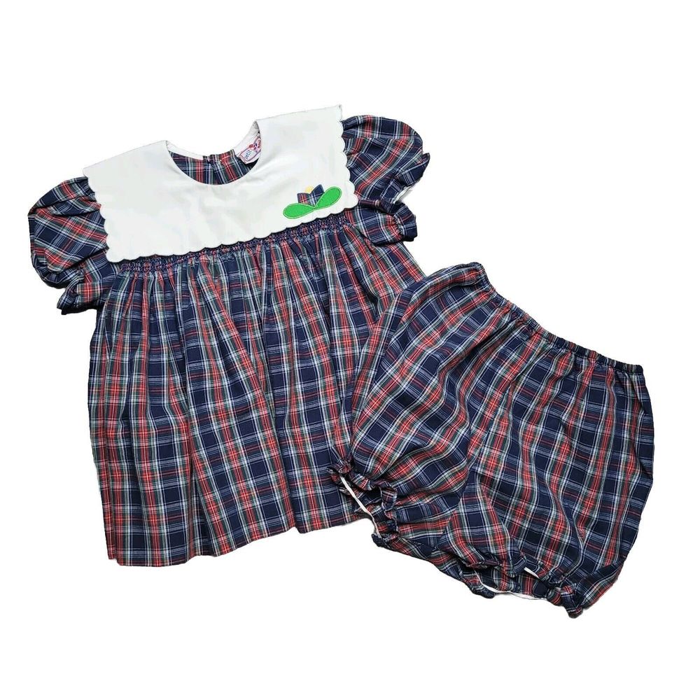 Petit Ami Smocked Embroidered Dress Bloomers Red Green Blue Plaid 24 Months Set